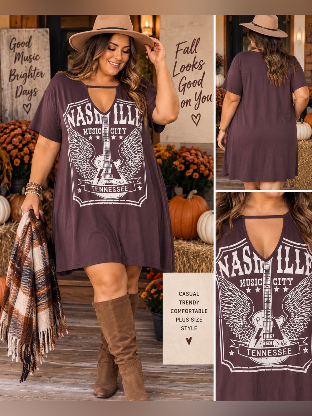 Nashville Graphic V-Neck Swing Dress - Chocolate Brown Boho Western Fall Size 3X